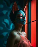 a woman with a cat face painted on her face generative ai photo