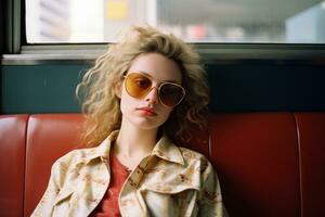 a woman wearing sunglasses sitting on a red couch generative ai photo