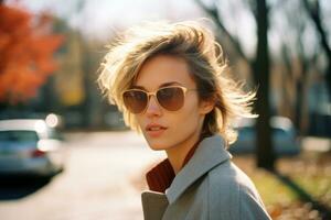 un mujer vistiendo Gafas de sol en un soleado día generativo ai foto