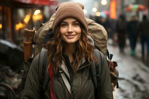 a woman with a backpack walking down a city street generative ai photo