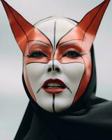 un mujer con un rojo y blanco máscara en su cara generativo ai foto