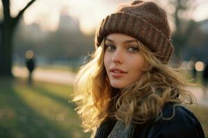 a woman with a hat in a park generative ai photo