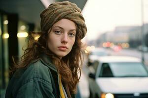 a woman with a hat and jacket standing in front of a car generative ai photo