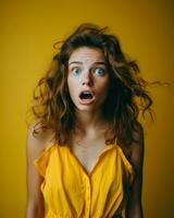 a woman with a shocked expression on her face against a yellow background generative ai photo