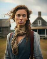 a woman with a scarf standing in front of an old house generative ai photo