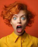 a woman with an open mouth on an orange background generative ai photo