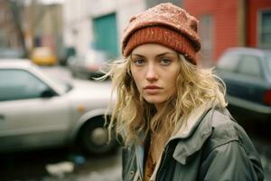 a woman with blonde hair and a beanie is standing in front of a parked car generative ai photo
