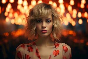 a woman with blonde hair in front of red lights generative ai photo