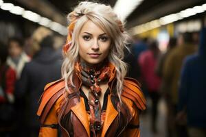 a woman with blonde hair and an orange jacket standing in a subway generative ai photo