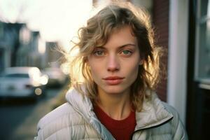 a woman with blonde hair and blue eyes is standing in front of a building generative ai photo