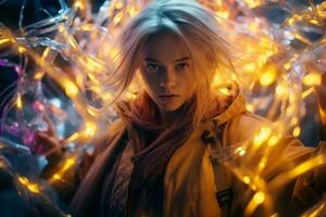 a woman with blonde hair is surrounded by lights generative ai photo