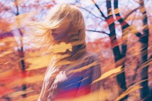 un mujer con rubia pelo soplo en el viento generativo ai foto