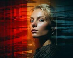 a woman with blonde hair in front of a colorful background generative ai photo