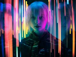 a woman with blonde hair in front of neon lights generative ai photo