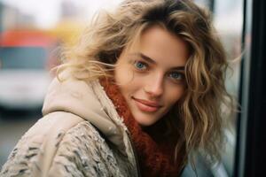 a woman with blonde hair looking at the camera generative ai photo
