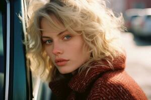 a woman with blonde hair leaning against the window of a car generative ai photo
