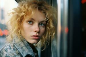 a woman with blonde hair looking out the window of a train generative ai photo