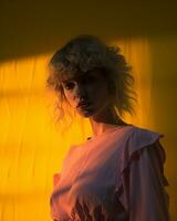 a woman with blonde hair posing in front of a yellow wall generative ai photo