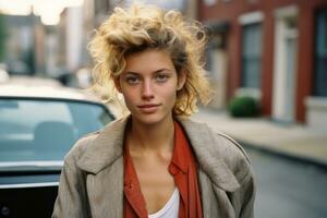 a woman with blonde hair standing in front of a car generative ai photo