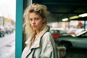 a woman with blonde hair standing in front of a building generative ai photo