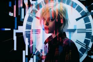 a woman with blonde hair standing in front of a clock generative ai photo