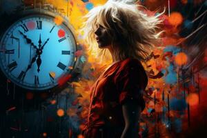 a woman with blonde hair standing in front of a clock generative ai photo