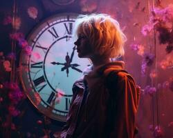 a woman with blonde hair standing in front of a clock generative ai photo
