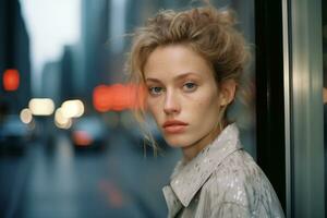 a woman with blonde hair standing in front of a window generative ai photo