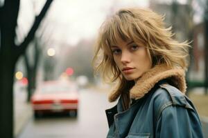 a woman with blonde hair standing on the side of the road generative ai photo