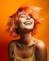 a woman with bright red hair laughing and smiling generative ai photo