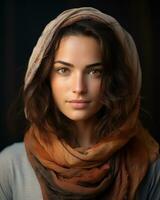 a woman with brown eyes wearing a scarf generative ai photo