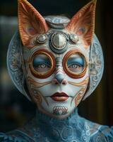 a woman with cat face paint and glasses generative ai photo
