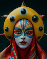 a woman with colorful face paint and a headpiece generative ai photo