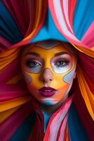 a woman with colorful face paint and a colorful hat generative ai photo