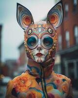 a woman with colorful face paint and bunny ears generative ai photo