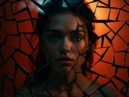 a woman with broken glass in her face generative ai photo