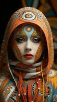 a woman with colorful face paint and an orange hood generative ai photo