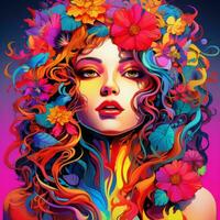 a woman with colorful hair and flowers on her head generative ai photo