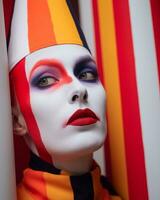a woman with colorful makeup and a striped hat generative ai photo