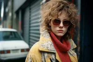 un mujer con Rizado pelo y Gafas de sol en pie en frente de un blanco coche generativo ai foto