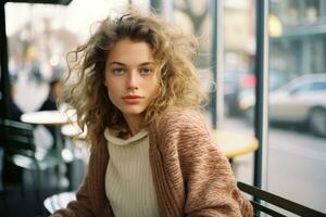 a woman with curly hair sitting at a table generative ai photo