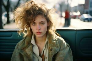 a woman with curly hair sitting in the back seat of a car generative ai photo