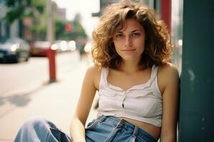 a woman with curly hair sitting on the side of the street generative ai photo