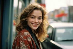 a woman with curly hair smiling in front of a car generative ai photo