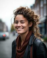 un mujer con Rizado pelo sonriente en el calle generativo ai foto