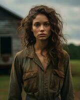 a woman with curly hair standing in front of a barn generative ai photo