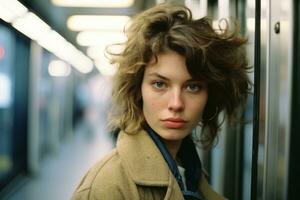 a woman with curly hair standing in a subway generative ai photo