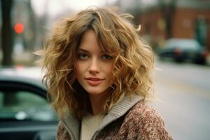 a woman with curly hair standing in front of a car generative ai photo