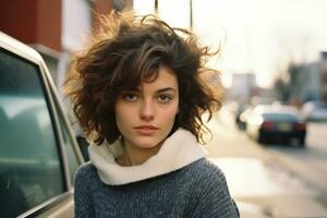 a woman with curly hair standing in front of a car generative ai photo