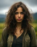 a woman with curly hair standing in the middle of a field generative ai photo